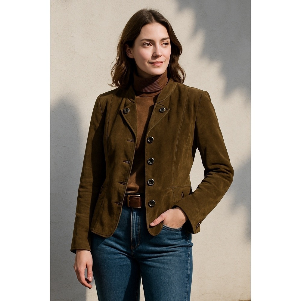 Country Maddox Brown Suede Leather Jacket Women Plaid Lined Embroidered Blazer